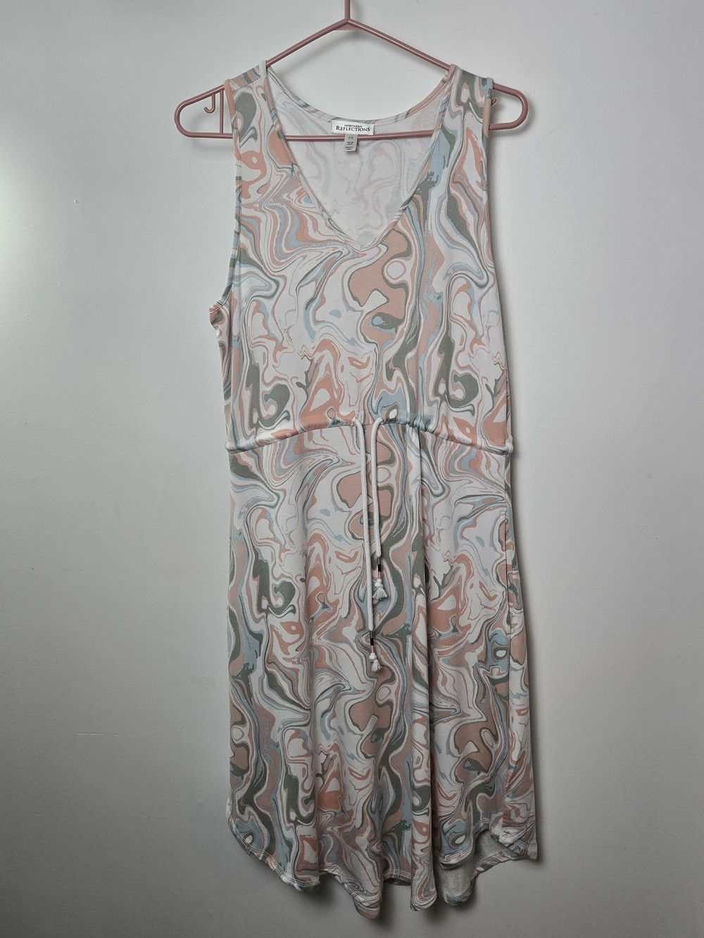 Northern Reflections Marble-Print Sleeveless Midi Dress in Peach, Sage & Cream